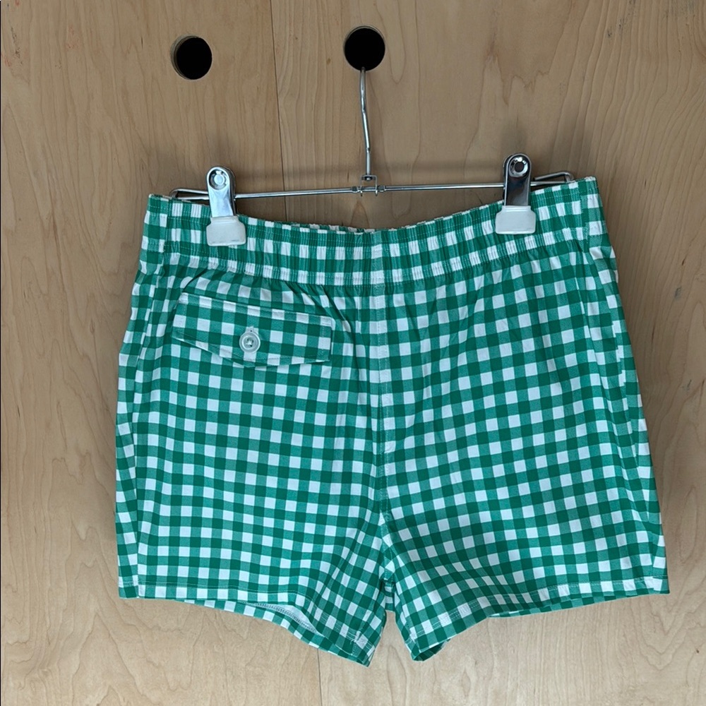 Green and White Retro Style Gingham Swim Trunks with Elastic Waist